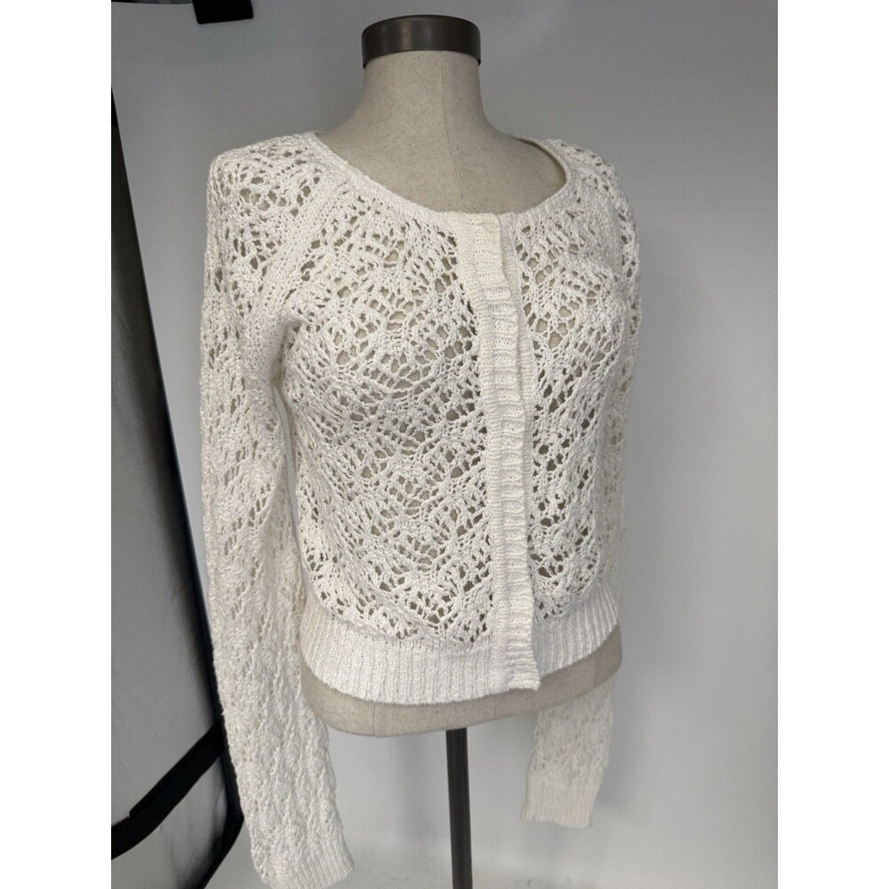 Free People White Open Knit Crochet Sweater Cardigan w/ Snaps Large Coquette